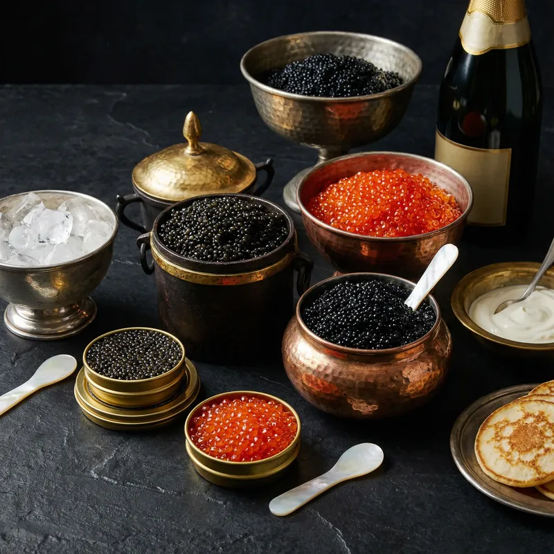 Luxurious Black and Red Caviar in Iron Jars
