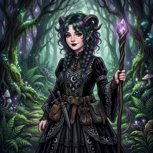 Dark Fantasy Tiefling Sorceress Girl | Gothic Dress & Magical Forest