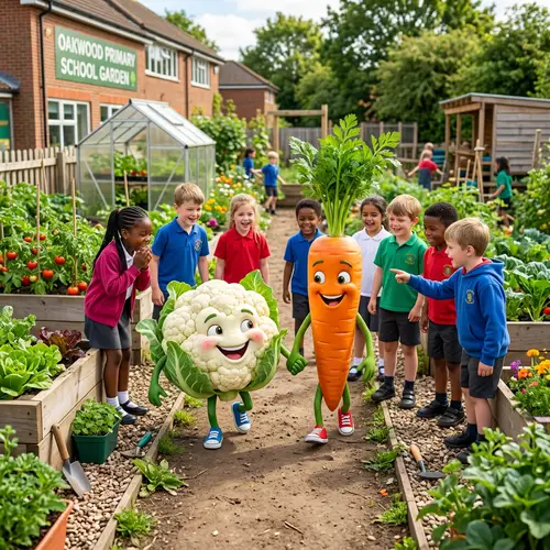 Happy Cauliflower and Carrot in School Garden