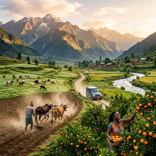 Tranquil Countryside Scenes: Mountain Peaks, Grazing Goats, and Orange Harvesting