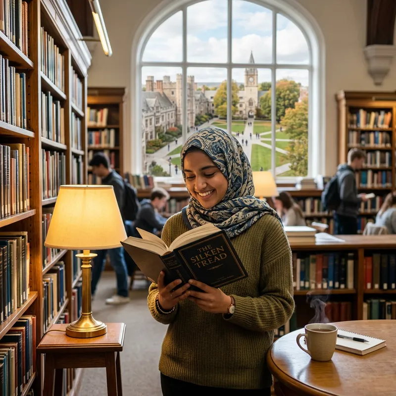 Hijab-Wearing Student in Library | Academic Oasis Experience