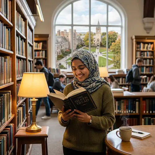 South Asian Hijab-Wearing Student in Library | Campus Panorama View