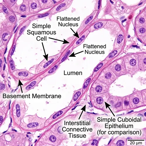 Detailed View of Simple Squamous Epithelium in Kidney