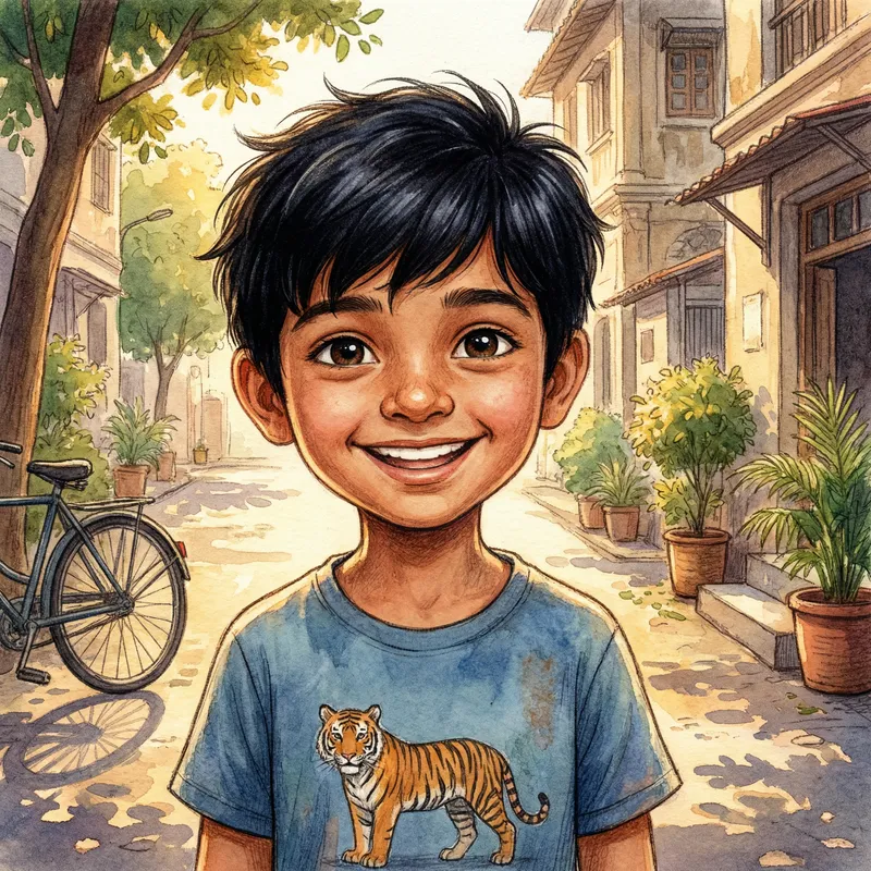 Cheerful South Asian Boy in Pencil Drawing