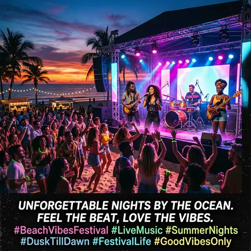 Music Festival on Beach at Dusk: Diverse Live Band & Vibrant Crowd