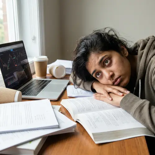 Stressed University Student Deep in Study | Realistic Artwork