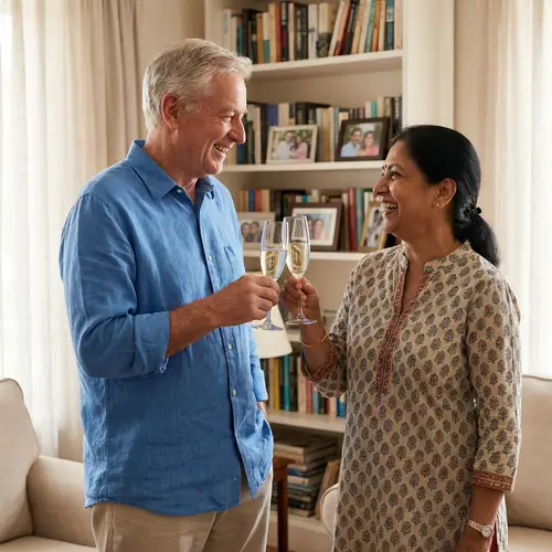 Retirement Celebration with Champagne – Elderly Couple Toasting Joyfully