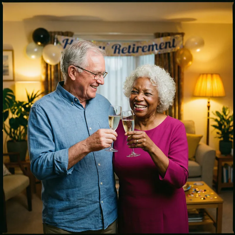 Elderly Couple Celebrating Retirement with Champagne Toast