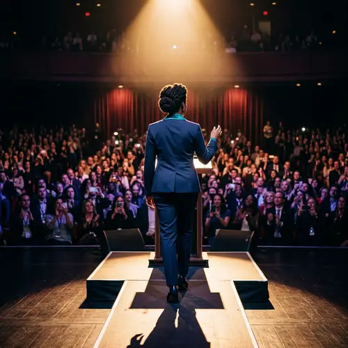 Confident Woman in Business Suit Delivering Speech on Stage
