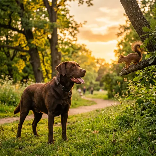 Playful Labrador Retriever Watching Squirrel at Sunset