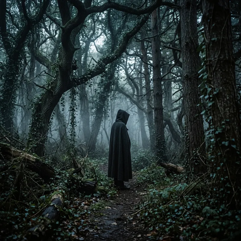 Eerie Figure in Abandoned Forest - Haunting, Unease, Shadows