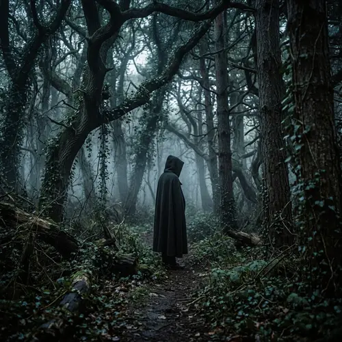 Mysterious Figure in Abandoned Forest - Dark, Moody, Supernatural