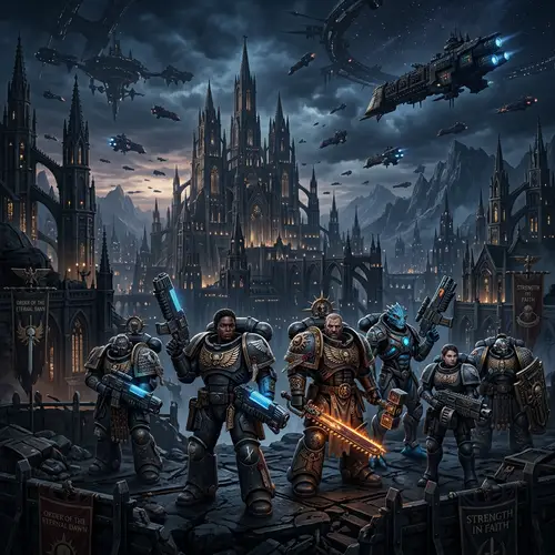 Gothic Sci-Fi Universe: Armored Figures Ready for Battle