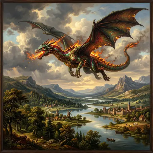 Majestic Dragon in Dutch Golden Age Style: Flight and Fire