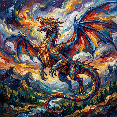 Majestic Dragon in Van Gogh Style - Post-Impressionism Oil Art