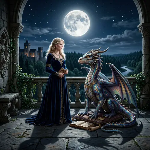 Elegant Woman with Scholarly Dragon Under Moonlight