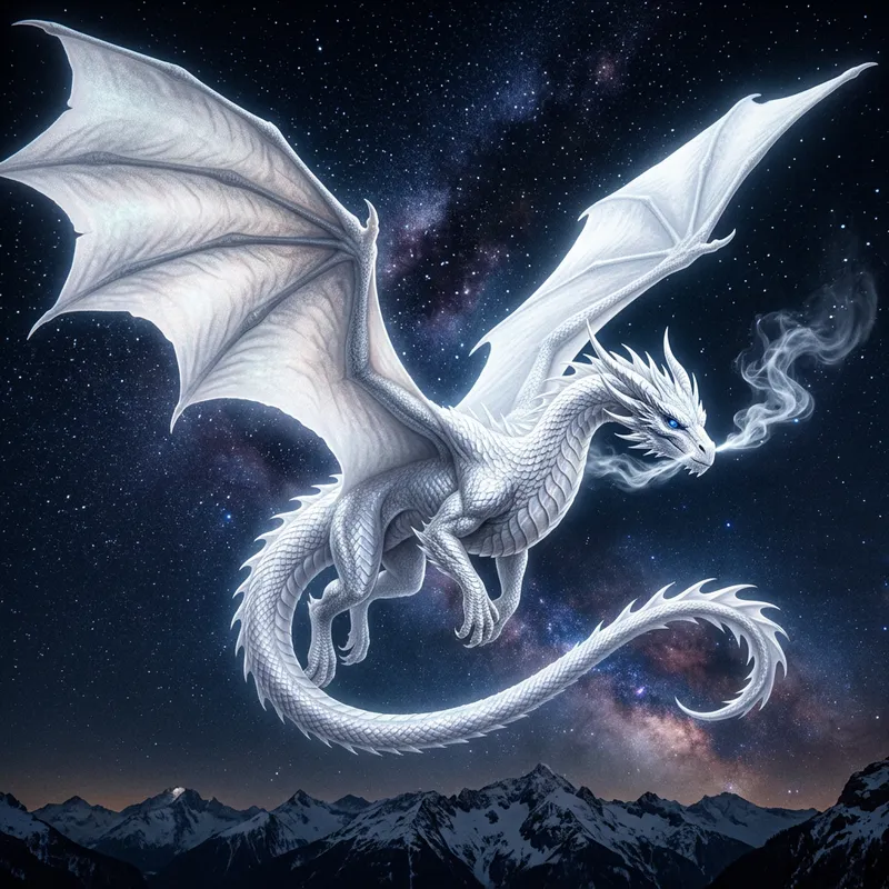Majestic White Dragon in the Sky - Enchanting Fantasy Majestic White Dragon in the Sky - Enchanting Fantasy