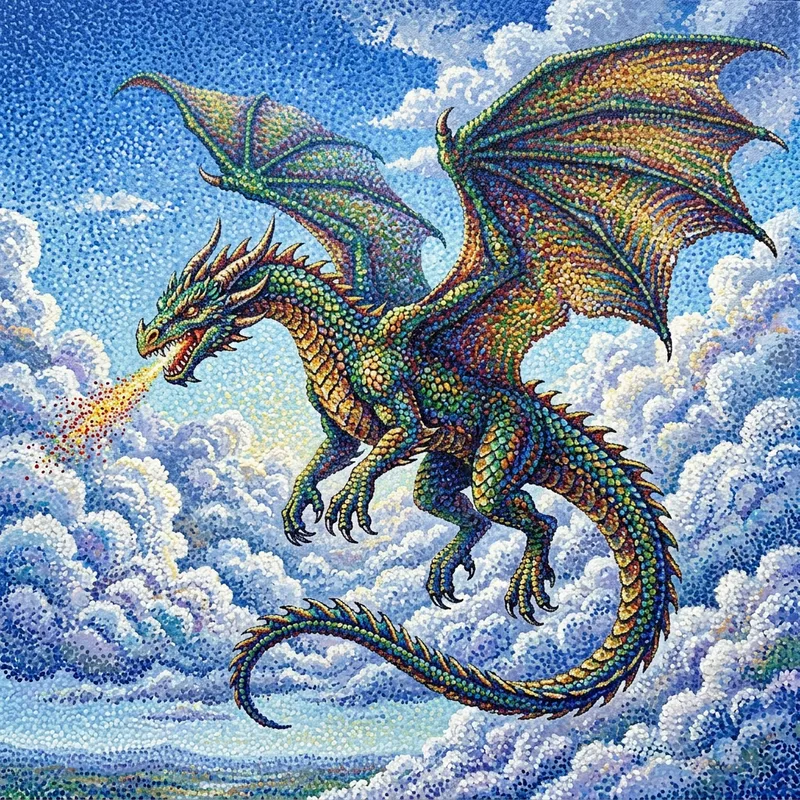 Majestic Dragon in Pointillism Art: Colorful Masterpiece