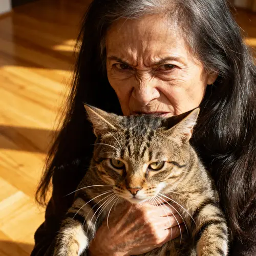 Angry Old Lady with Long Dark Hair and Cat