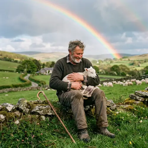 Sheep Being Cradled by Shepherd Under Colorful Rainbow
