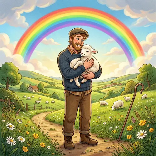 Cute Sheep Hugged by Shepherd under Rainbow