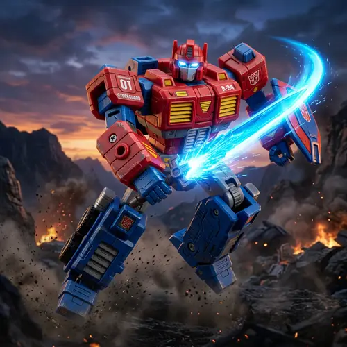 Retro-Style Red and Blue Robot Slashing Sword - 80s Toy Design