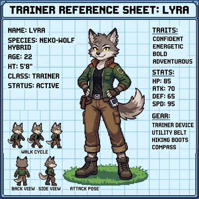 Pixel Art Neko-Wolf Trainer Character Reference