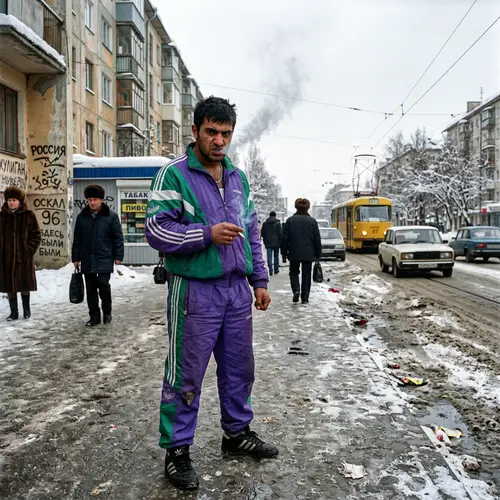 Vivid 90s Street Scene in Russia: Menacing Bully in Purple Tracksuit
