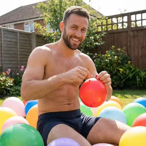 Handsome Man in Underwear Popping Balloons