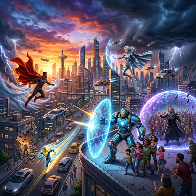 Epic Sunset Cityscape with Heroes in Action