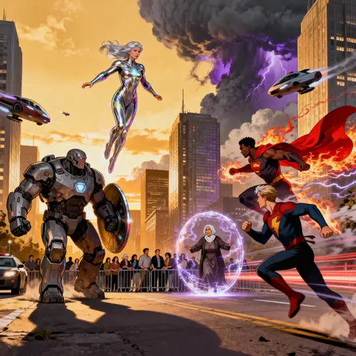 Epic Sunset Cityscape with Heroes in Action