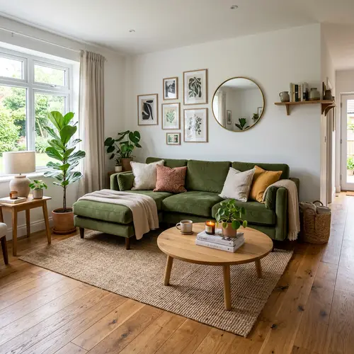 Living Room Inspiration: Green Couch & Wood Floors