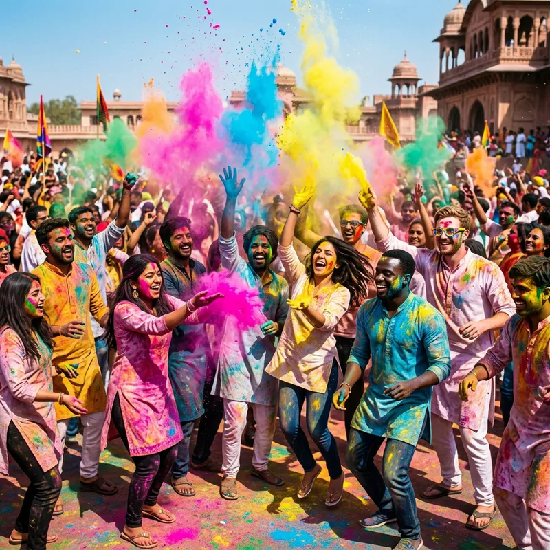 Vibrant Holi Celebration with Diverse Participants
