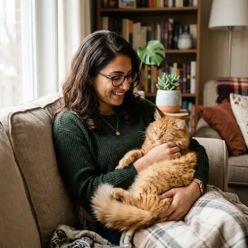 Happy Middle-Eastern Woman with Brunette Hair Holding Orange Tabby Cat