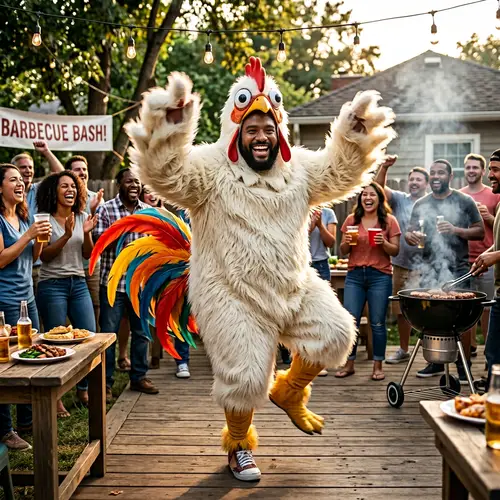 Hispanic Football Player Dancing in Chicken Costume