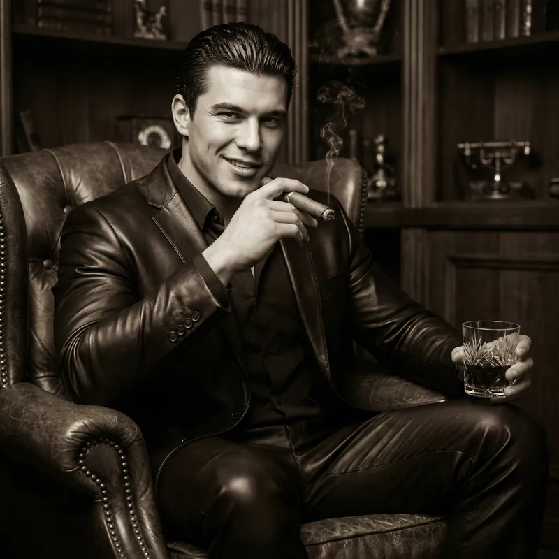 Confident Model in Luxurious Leather Suit
