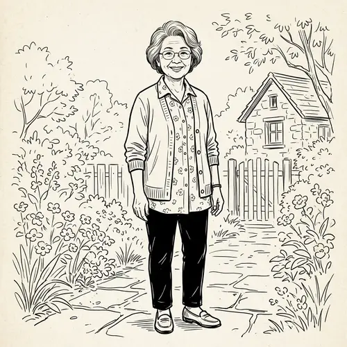 Charming Black & White Line Drawing of a 60-Year-Old Woman