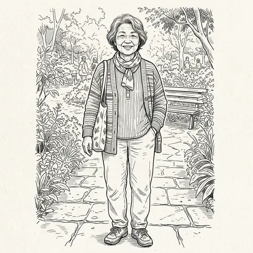 Charming Black and White Drawing of a 60-Year-Old Woman