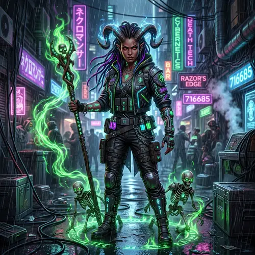 Female Cyberpunk Tiefling Necromancer | Cool Character Art