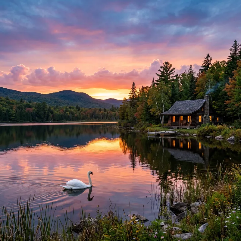 Serene Lake Sunset with Wooden Cabin and Graceful Swan