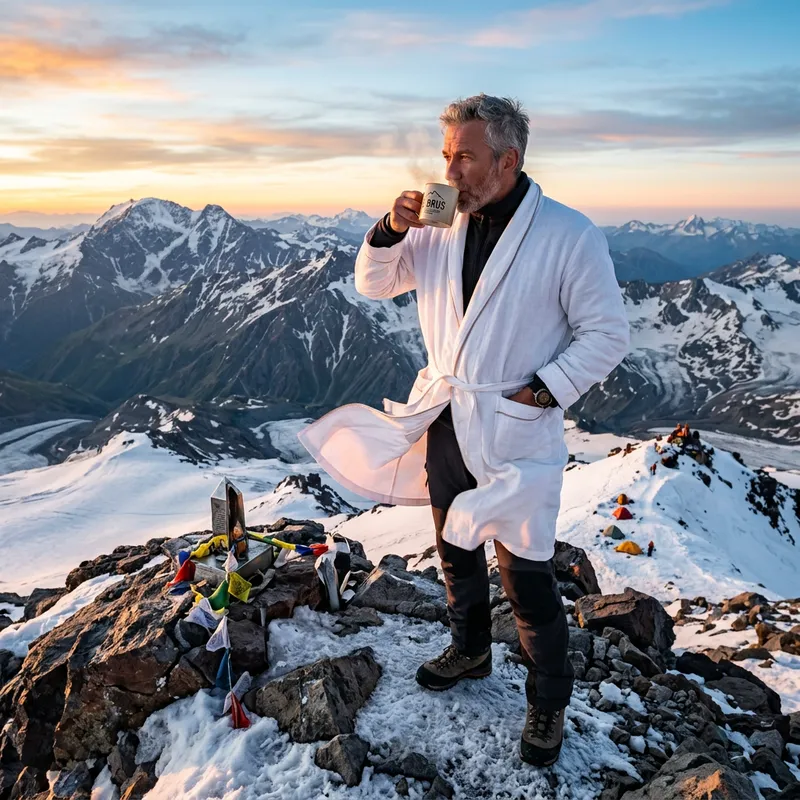 Businessman in White Housecoat on Mount Elbrus Drinking Coffee Businessman in White Housecoat on Mount Elbrus Drinking Coffee
