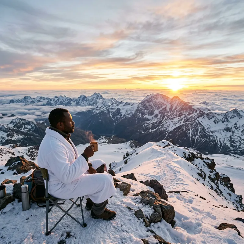 Businessman Enjoying Coffee atop Mount Elbrus