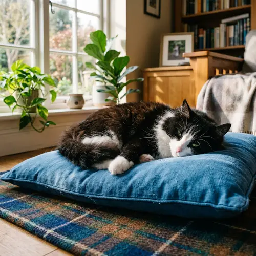 Sleepy Tuxedo Cat Lounging on Blue Cushion | Homely Scene