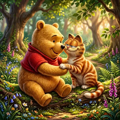 Charming Bear and Cat Love Kiss - 3D Digital Painting