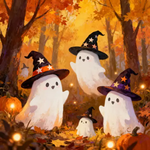 Whimsical Autumn Ghosts in a Spooky Forest