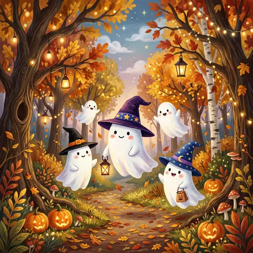 Whimsical Autumn Ghosts in a Spooky Forest