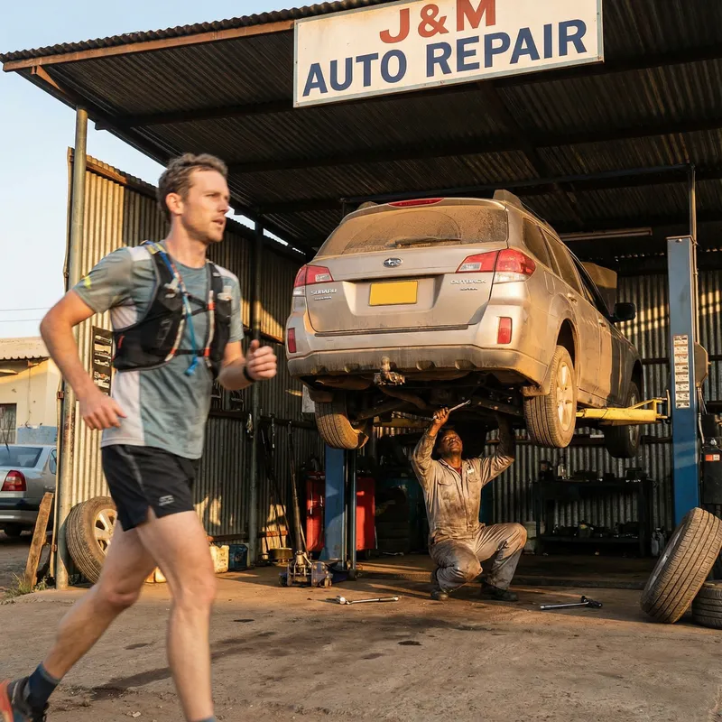 Jogger Passing Car Repair Shop: Dynamic Outdoor Scene Jogger Passing Car Repair Shop: Dynamic Outdoor Scene