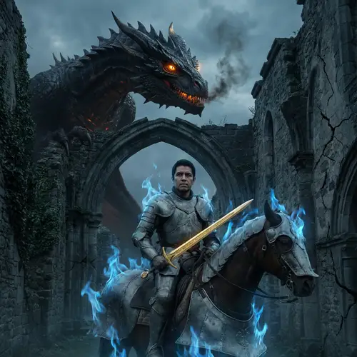 Epic Battle: Knight vs. Towering Dragon in Flames