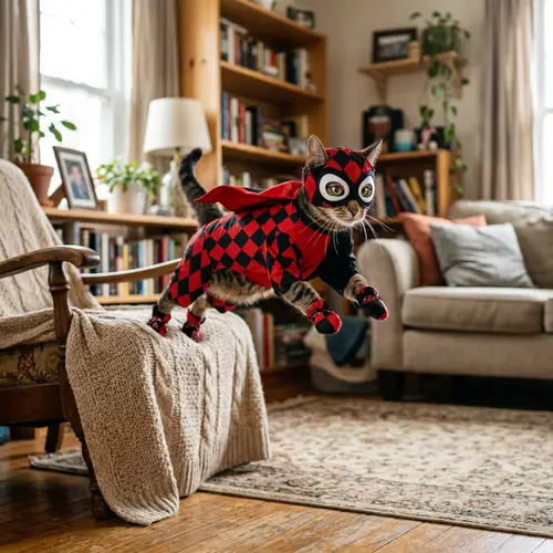Playful Cat Dressed as Deadpool Superhero