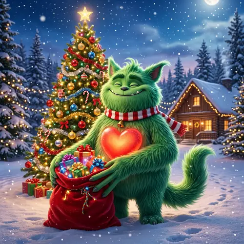 Joyful Green Creature with Heart Holding Christmas Presents